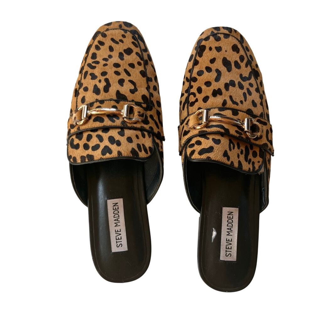 Steve Madden Kori Leopard Print Cow Hair Horsebit Mules Size 10M - Picture 2 of 7